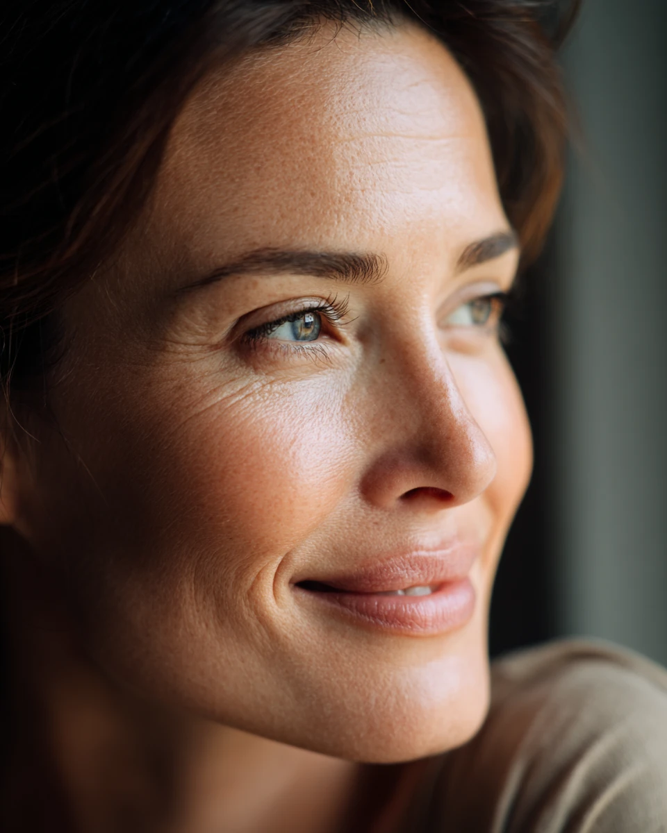 Retrato de una mujer adulta con media sonrisa, luz natural de ventana